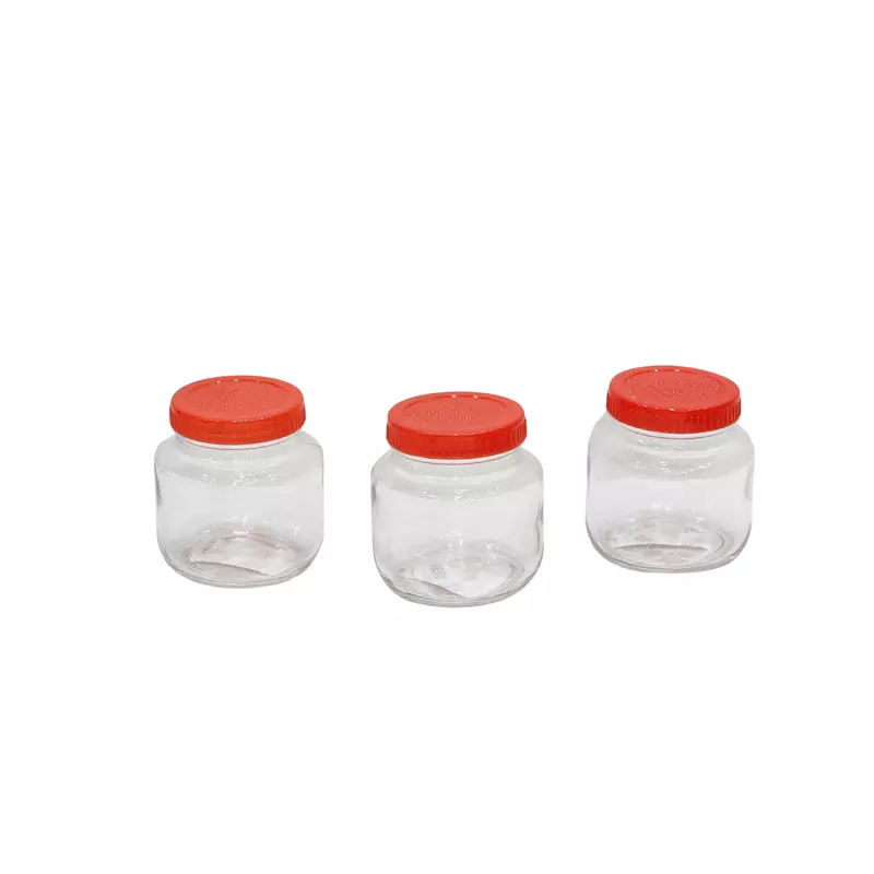 Round Shape Transparent Glass Jar with Red Lid SET OF 3