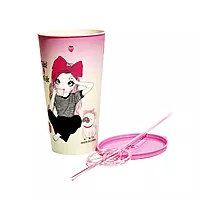 Cartoon Print Glass/Tumbler with BPA Free Lid, Steel Straw