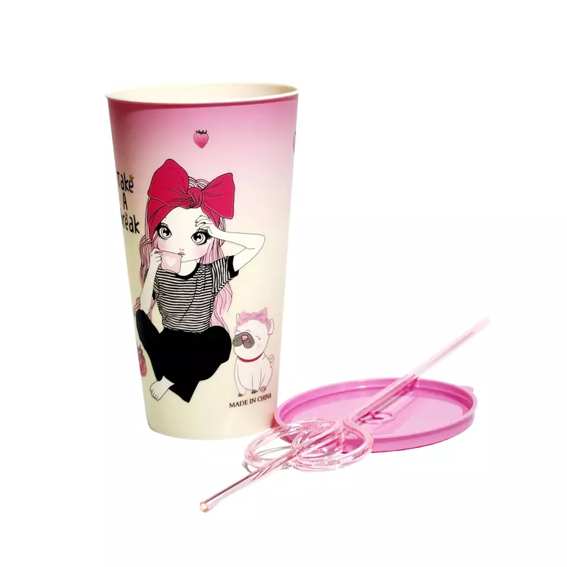 Cartoon Print Glass/Tumbler with BPA Free Lid, Steel Straw