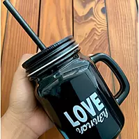 Black Glass Mug with Handle, Lid & Straw