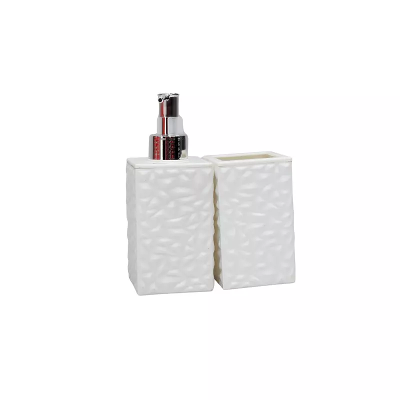 White Textured Soap Dispenser with Toothbrush Holder
