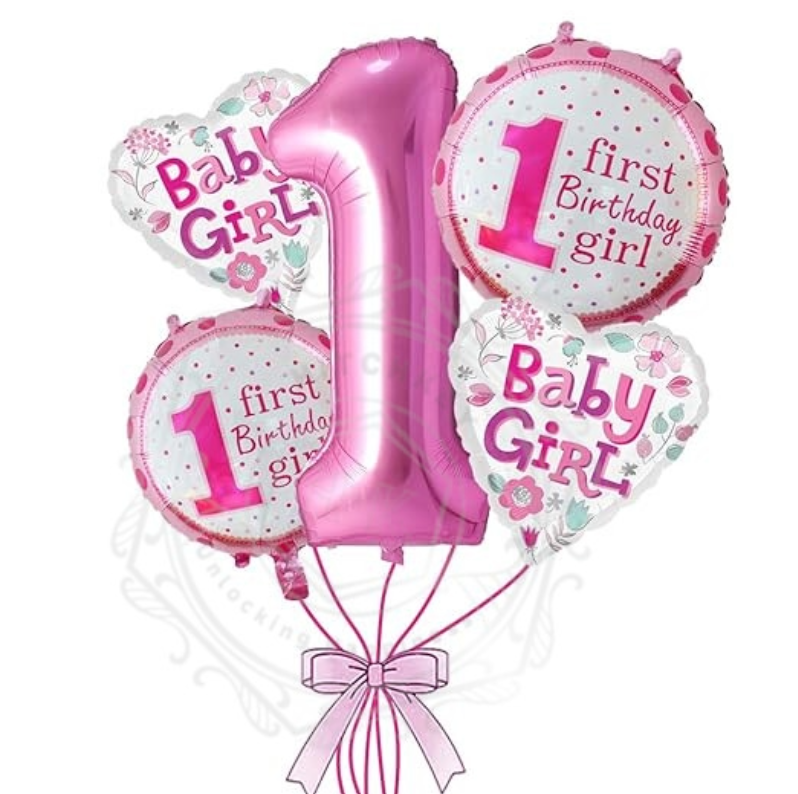 First Birthday Girl Foil Balloon Set – 5 Pcs Pink 1st Birthday Decoration