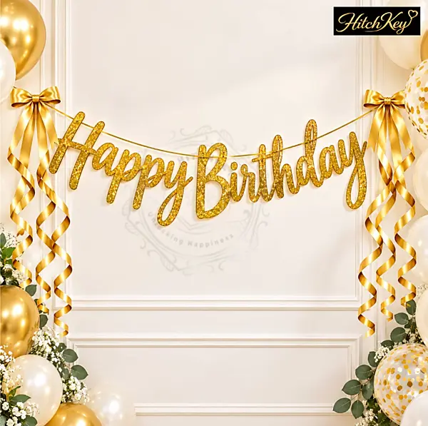 Happy Birthday Cursive Letter Banner – Golden & Rose Gold Glitter Birthday Decoration