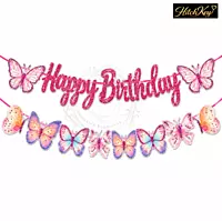 Butterfly Theme Happy Birthday Banner – 3D Butterfly Cutout Birthday Decoration