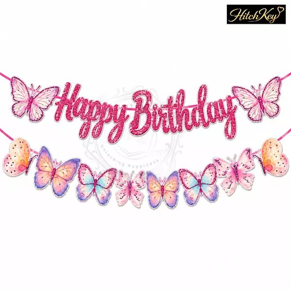 Butterfly Theme Happy Birthday Banner – 3D Butterfly Cutout Birthday Decoration