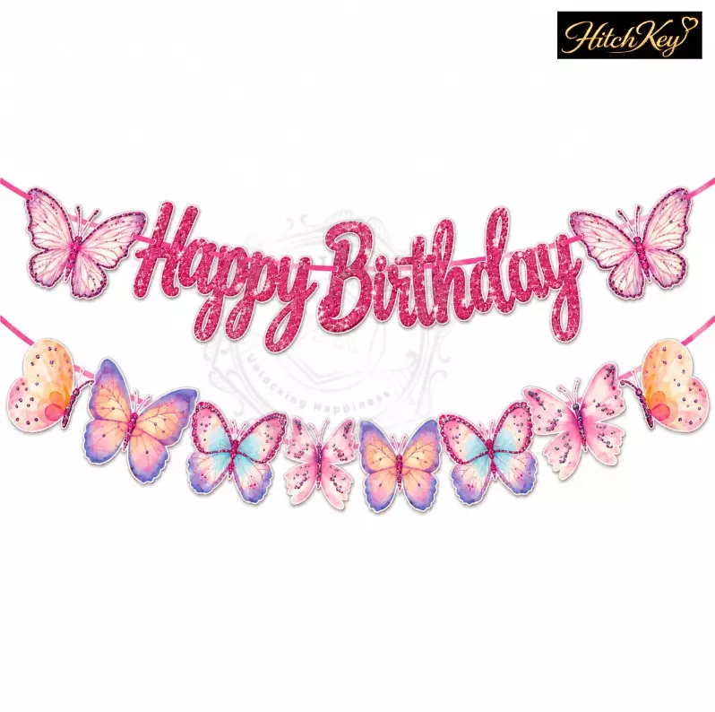 Butterfly Theme Happy Birthday Banner – 3D Butterfly Cutout Birthday Decoration