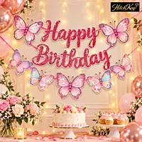Butterfly Theme Happy Birthday Banner – 3D Butterfly Cutout Birthday Decoration