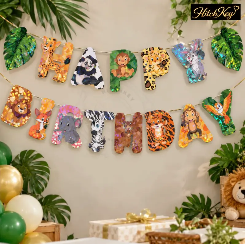 Jungle Theme Happy Birthday 3D Banner – Safari Animal Party Decoration