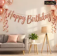 Happy Birthday Cursive Letter Banner – Golden & Rose Gold Glitter Birthday Decoration