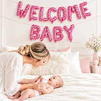Welcome Baby Polka Dot Foil Balloon Banner – Blue & Pink Baby Shower Decoration