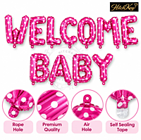 Welcome Baby Polka Dot Foil Balloon Banner – Blue & Pink Baby Shower Decoration