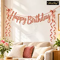 Happy Birthday Cursive Letter Banner – Golden & Rose Gold Glitter Birthday Decoration