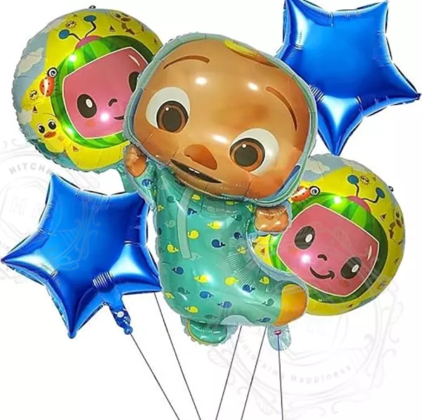 Coco Melon Theme Foil Balloons – 5 Pcs Baby Character & Turquoise Star Birthday Decoration Set