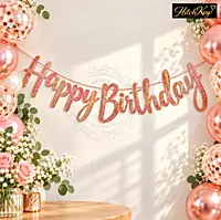 Happy Birthday Cursive Letter Banner – Golden & Rose Gold Glitter Birthday Decoration