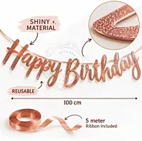 Happy Birthday Cursive Letter Banner – Golden & Rose Gold Glitter Birthday Decoration