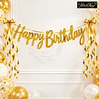 Happy Birthday Cursive Letter Banner – Golden & Rose Gold Glitter Birthday Decoration