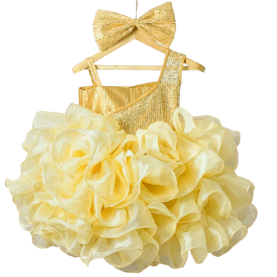 Golden Bloom Ruffle Party Dress with Sequin Bow