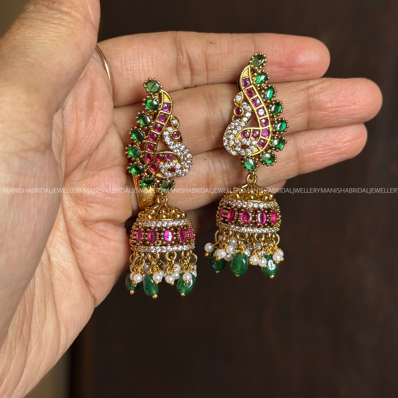 Peacock Big Jhumka with green Beads
