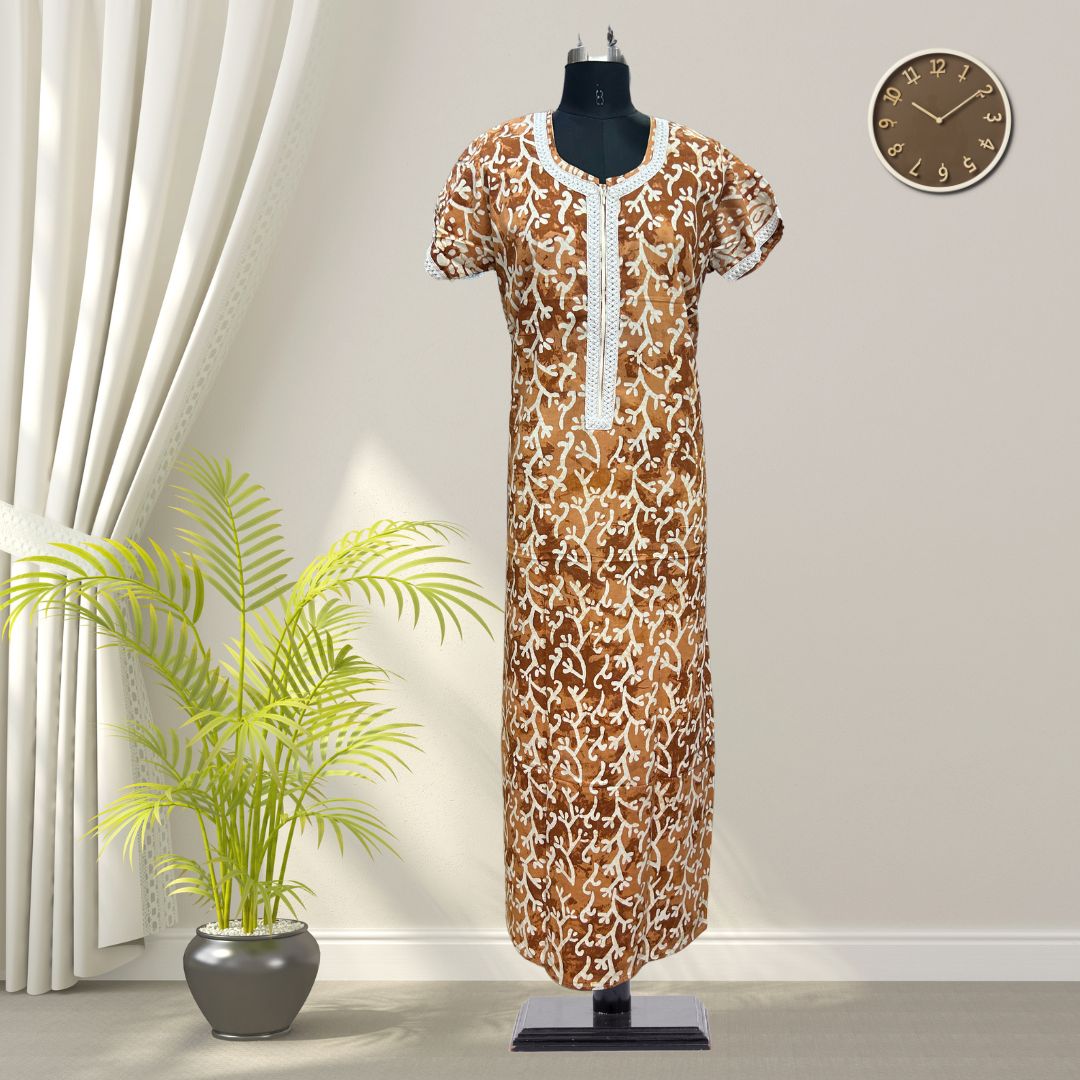 Sandy Brown Batik Cotton Nighty With All Over From Libas Loungewear - AL1097