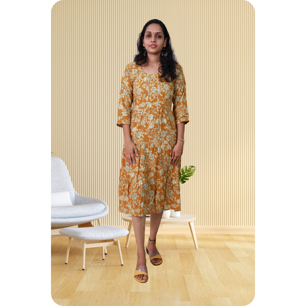 Kripa Yellow and White Print Frill Top