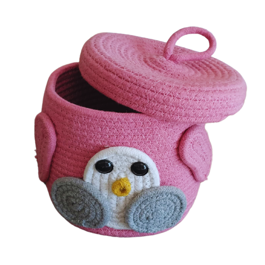 Cotton kids Storage Basket, Organizer Box, Penguin face- Pink/ size(6*6) Handwoven Eco-Friendly Foldable Storage Basket Bins with Lid