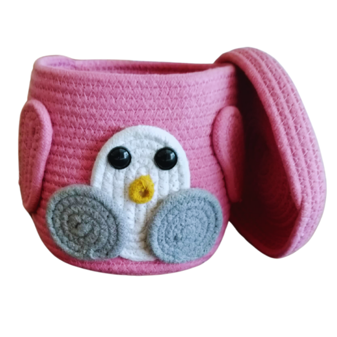 Cotton kids Storage Basket, Organizer Box, Penguin face- Pink/ size(6*6) Handwoven Eco-Friendly Foldable Storage Basket Bins with Lid
