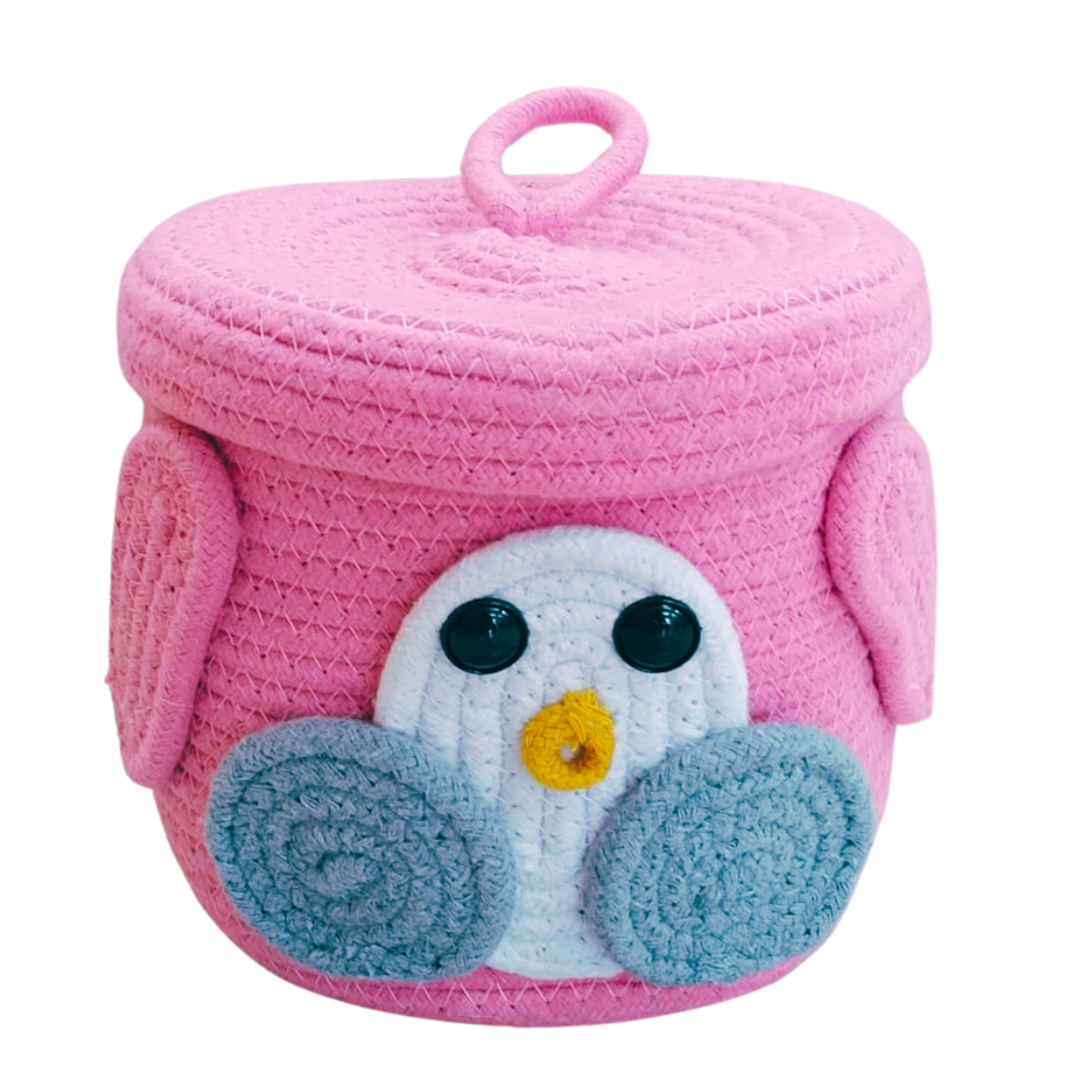 Cotton kids Storage Basket, Organizer Box, Penguin face- Pink/ size(6*6) Handwoven Eco-Friendly Foldable Storage Basket Bins with Lid