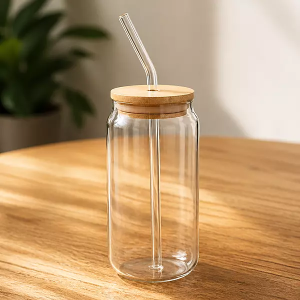 Glass tumbler with Bamboo lid and glass straw