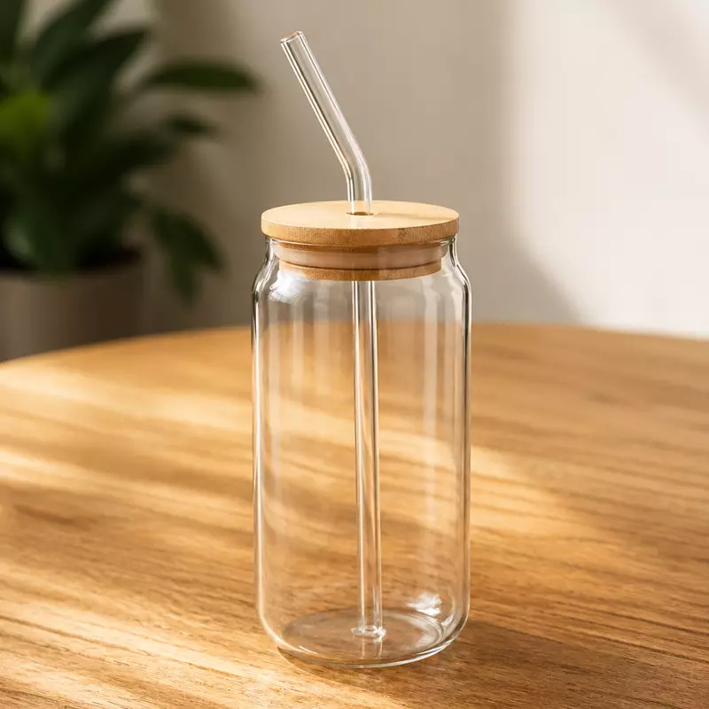 Glass tumbler with Bamboo lid and glass straw