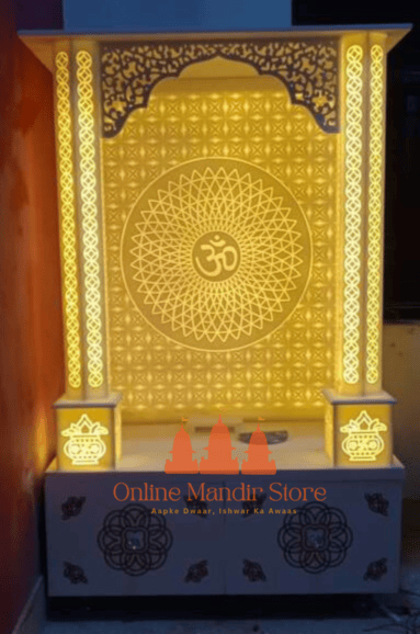 "Shree Om Mandir: Divine Corian Design with Sacred Kalash Engravings" "Shree Om Mandir: Divine Corian Design with Sacred Kalash Engravings"