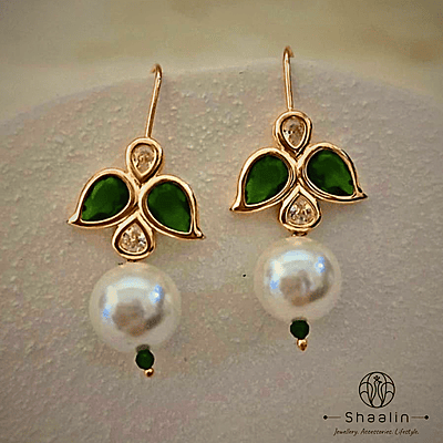 Emerald Green & White Stone Pearl Drop Small Hoop