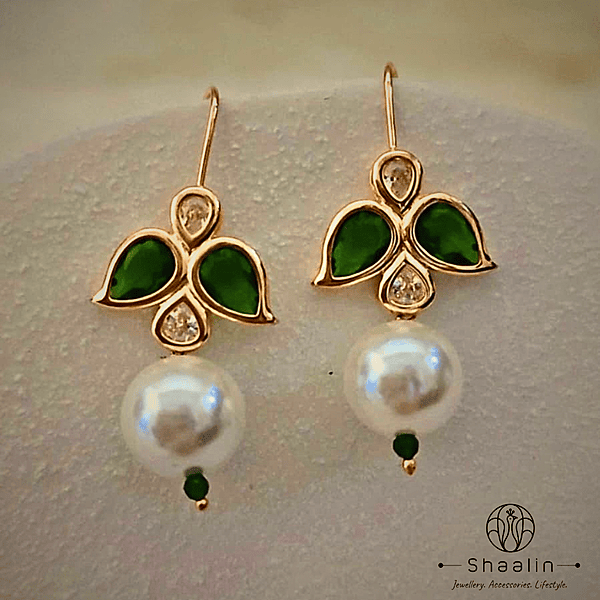 Emerald Green & White Stone Pearl Drop Small Hoop