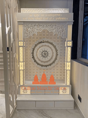 "Shubh Bhavya Corian Mandir with Illuminated Spiritual Motifs" "Shubh Bhavya Corian Mandir with Illuminated Spiritual Motifs"