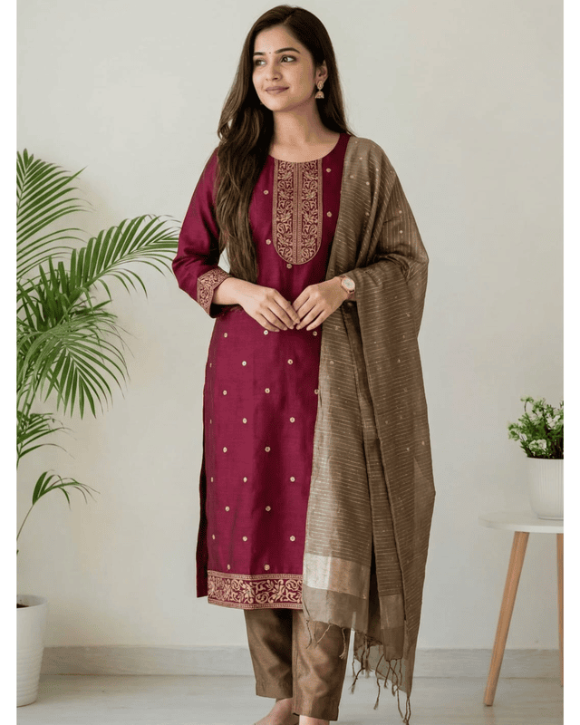 4 XL Chiffon Kurta 3 Pcs Set Brown