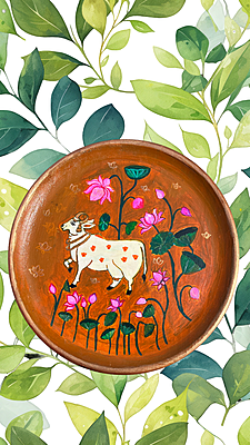 Hand-Painted Wooden Plate - Pichwai Cow