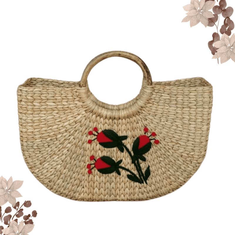13-Inch Kauna Basket with Handle & Embroidery | Handwoven Natural Gift Basket | Eco-Friendly Decorative Hamper