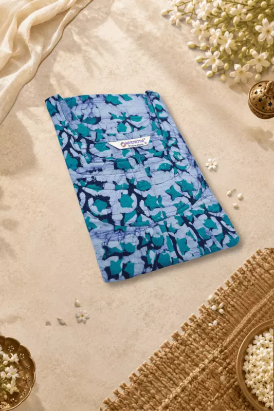 Blue Green Floral Printed Cotton Nighty