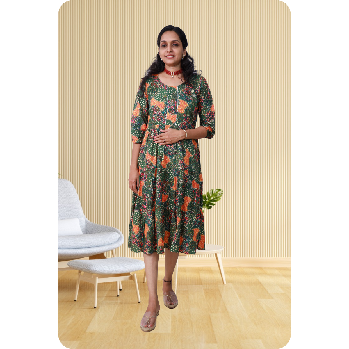 Miya Green and Orange Print Flare Top