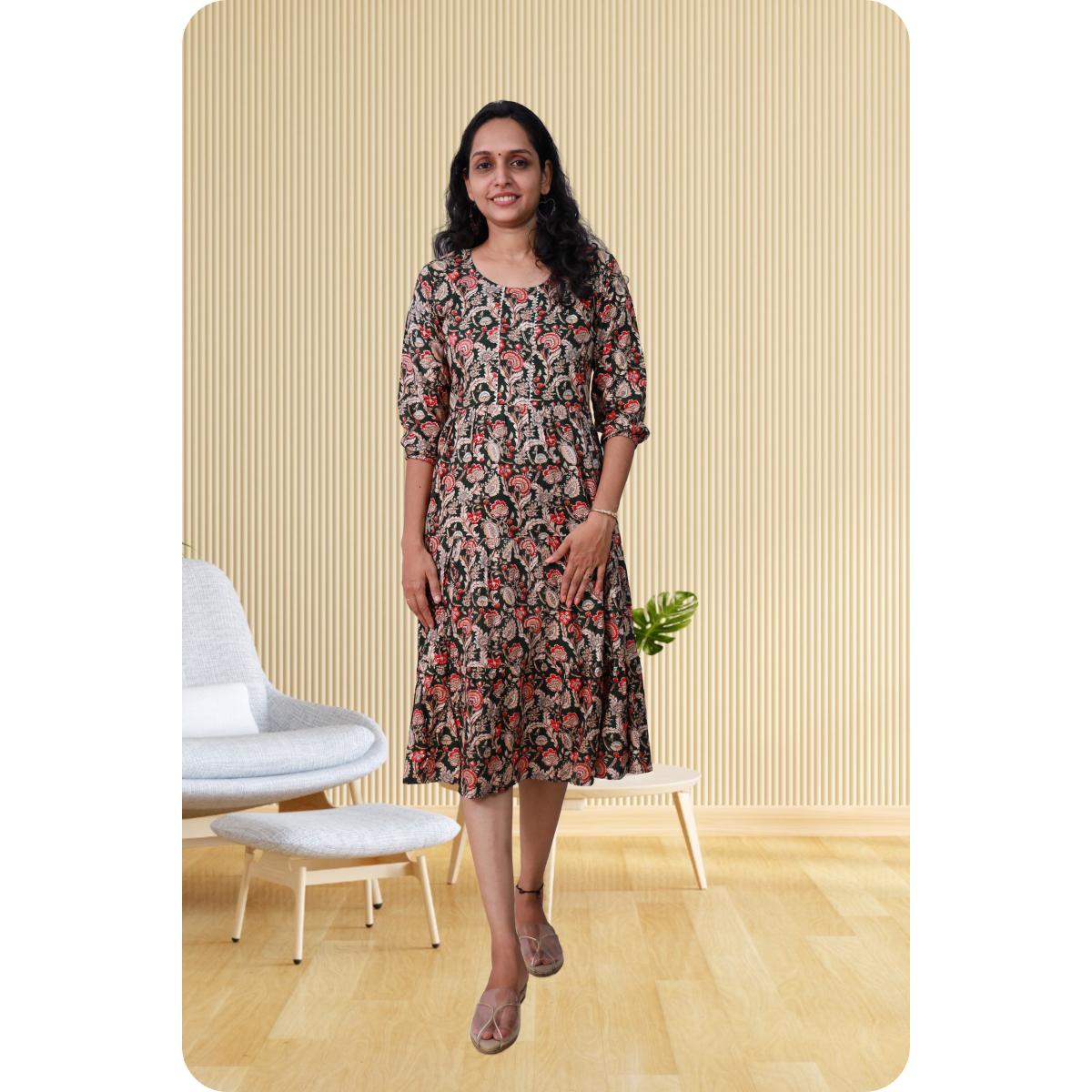 Kripa Red and Black Print Frill Top