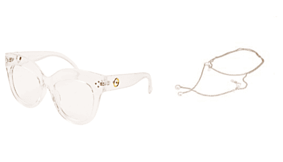Soigné Female Oversized CatEye Spectacle Frame. Transparent Color with Golden Chain