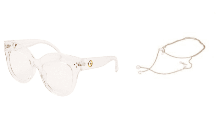 Soigné Female Oversized CatEye Spectacle Frame. Transparent Color with Golden Chain