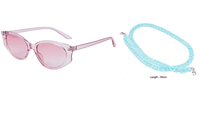 Soigné Female Large Cateye Sunglasses.See Through Pink Frame with Light blue String
