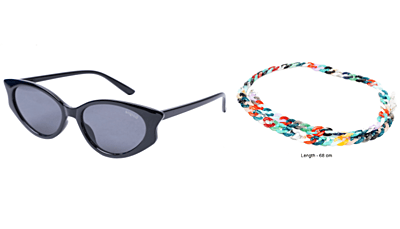 Soigné Female Large Cateye Sunglasses.Glossy Black with Multi Color Sunglasses Chain