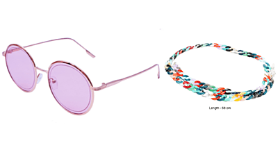 Soigné Female Medium Round Sunglasses.Golden Frame with Multi Color Sunglasses Chain