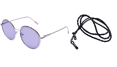 Soigné Female Medium Round Sunglasses.Silver Frame with Strings.Black&Transparent