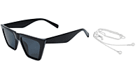 Soigné Female Large Square Sunglasses. Glossy Black with silver metal chain