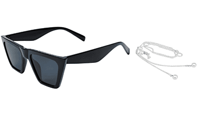 Soigné Female Large Square Sunglasses. Glossy Black with silver metal chain