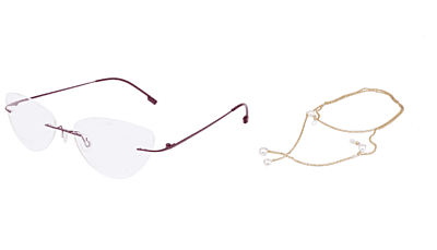 Soigné Female Medium Rimless Cat Eye Spectacle Frame. with Golden ChainRed with