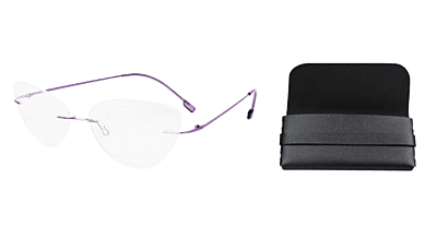 Soigné Female Medium Rimless Cat Eye Spectacle Frame. Purple with Lather Pouch