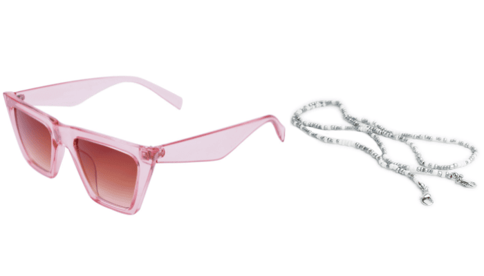 Soigné Female Large Square Sunglasses.See Through Pink Frame with golden Chain